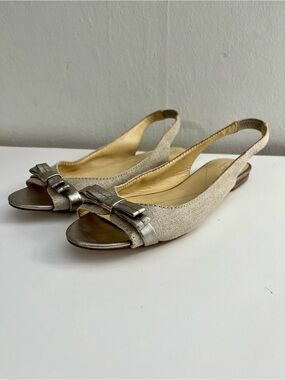 Kate Spade Linen Metallic Gold Bow Slingback Peep Toe Flats Size 8